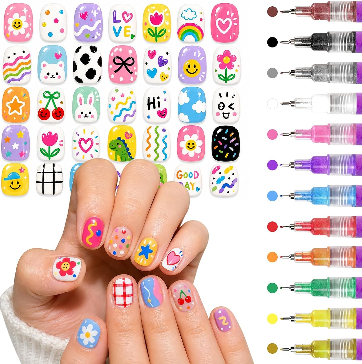12 Color Nail Art Pens, 0.5 MM Nail Polish Pens Set Drawing Painting Point Liner Acrylic Painted Pen Kit, Waterproof and Quick-drying Nail for DIY Nails Art Design Manicure Tools
