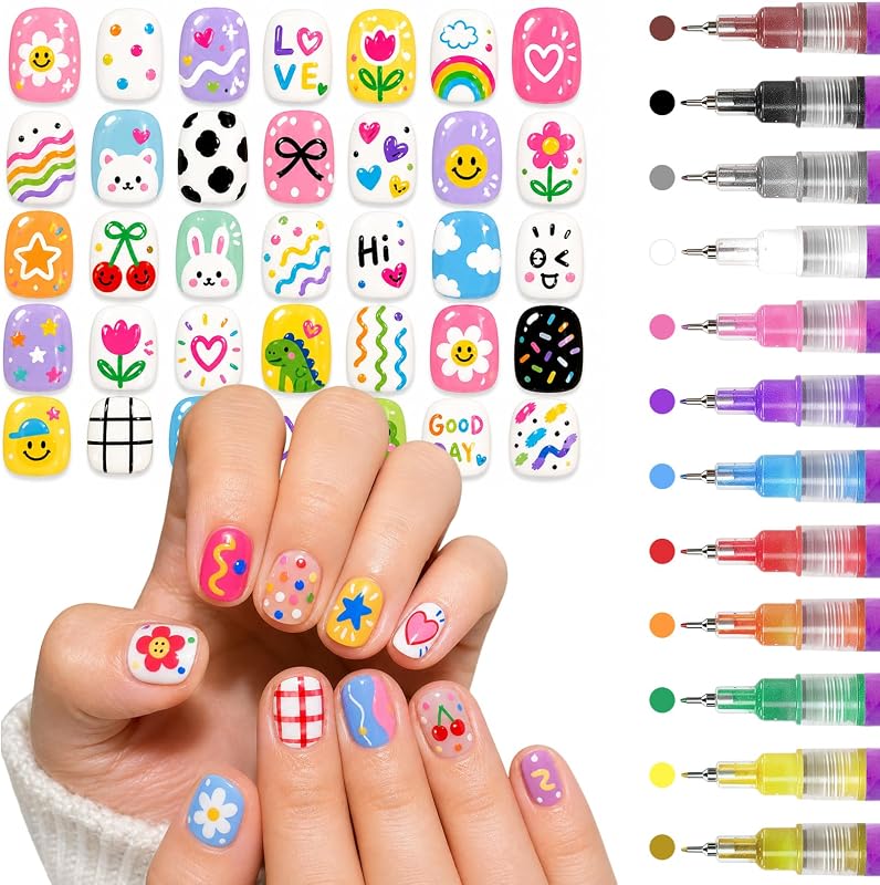 12 Color Nail Art Pens, 0.5 MM Nail Polish Pens Set Drawing Painting Point Liner Acrylic Painted Pen Kit, Waterproof and Quick-drying Nail for DIY Nails Art Design Manicure Tools