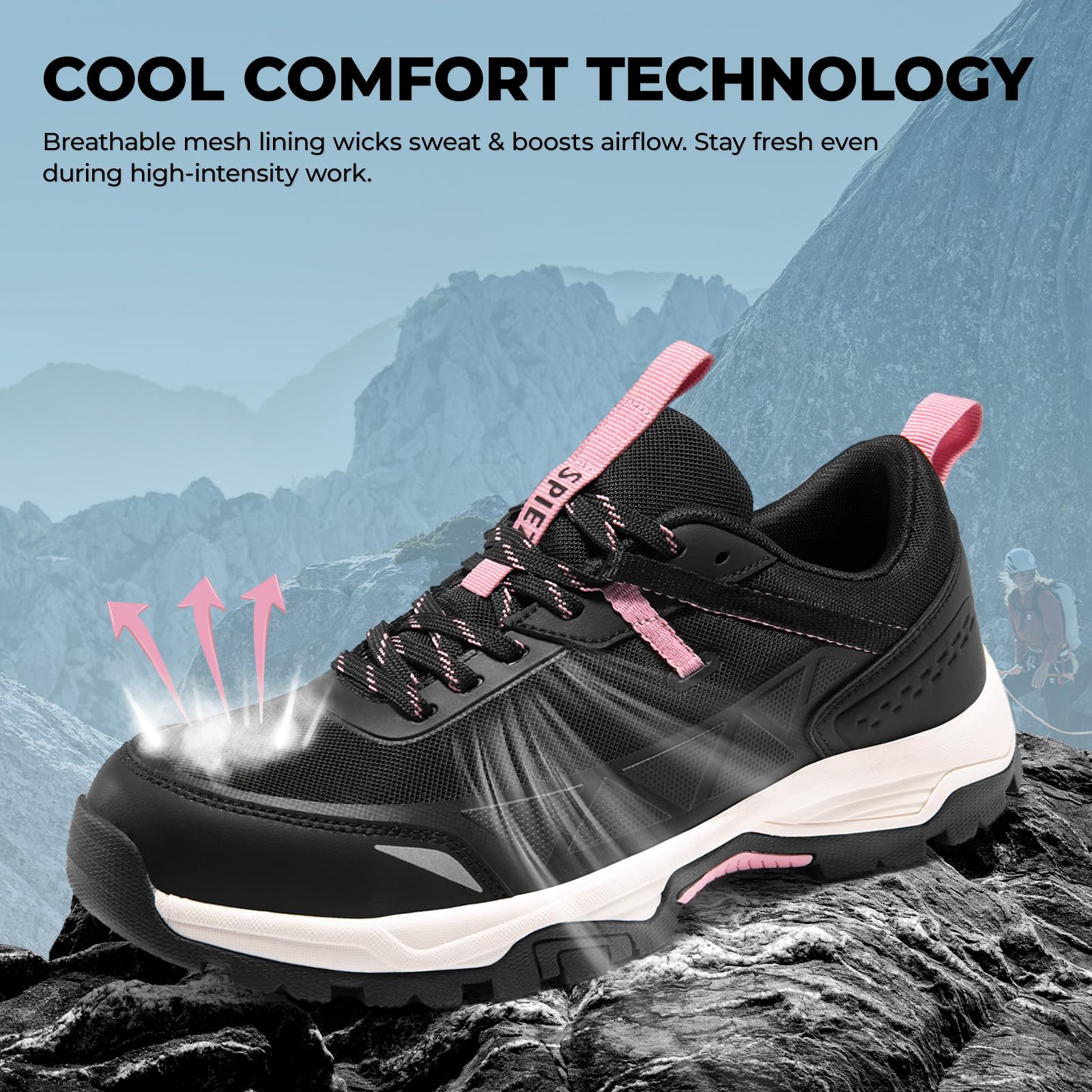 SPIEZ Zapatos de Seguridad para Mujer Ligeros - Zapatos de Trabajo con Punta Compuesta Transpirable, Resistente al Desgaste Zapatos de Senderismo para Exteriores, Negro Rosa EU35-41