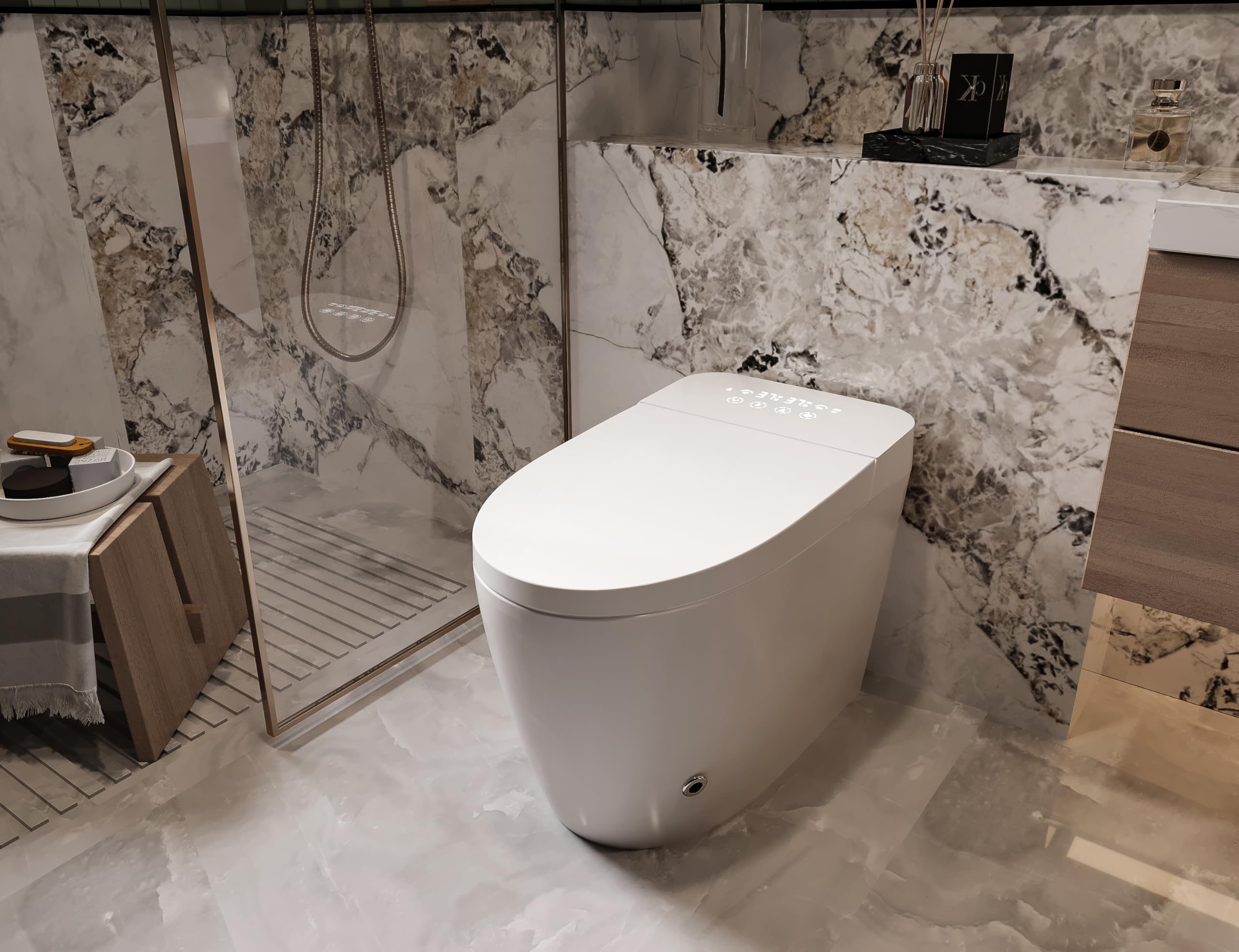 Nashi - Inodoro Japones | WC con Bidet | Agua Caliente, Taza calefactable y Secado | Asiento con Apertura y Cierre Automático | Autolimpieza y Esterilizador UV (Desagüe salida a suelo)