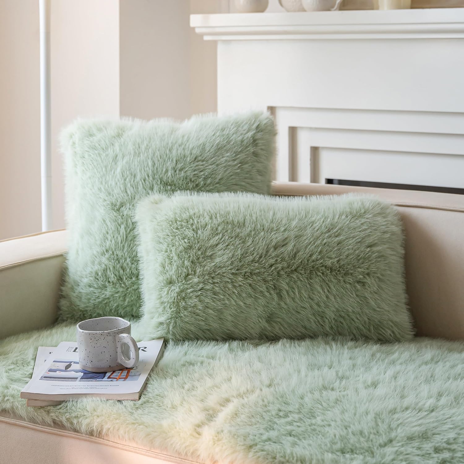 Neelvin Green Faux Fur Cozy Fluffy Double-Sided Decorative Throw Pillow Covers 16x16 inch Set of 2,Velvet Pillowcase Cushion Case for Sofa Couch