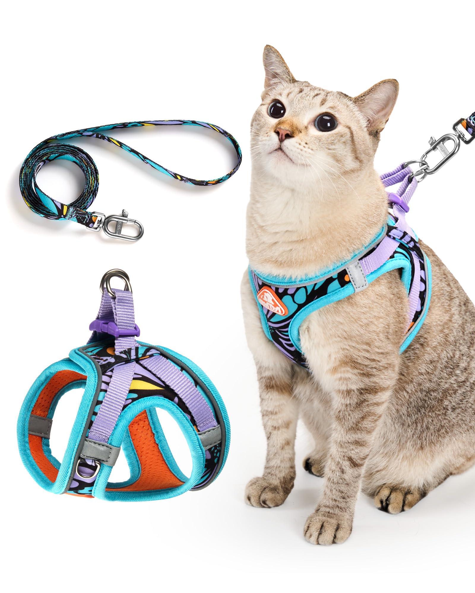 Photo 1 of PetThem Upgraded Cat Harness and Leash Set - Step-in Escape Proof Adjustable Cat Harness, Comfortable Soft Lightweight, Reflective Harness for Walking, Travel, Camping (Butterfly Magic, S)
