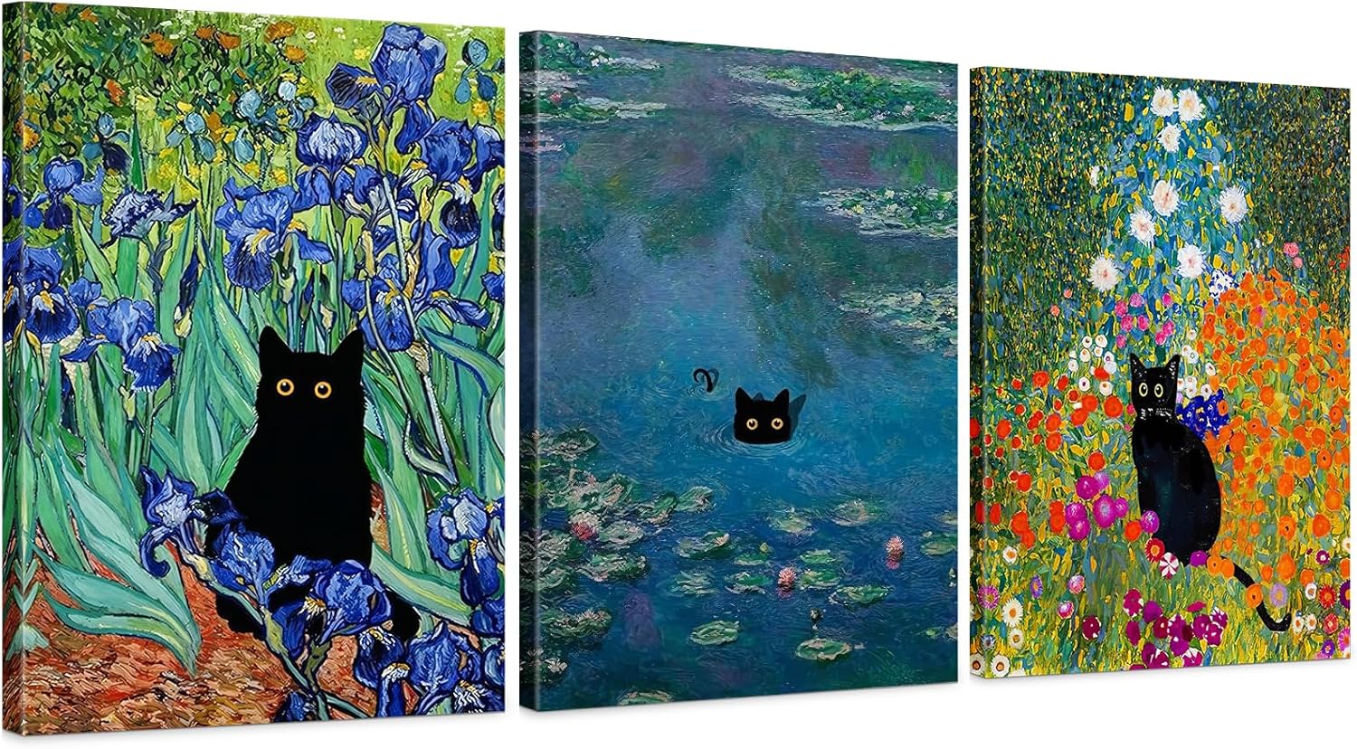 BFKDKG Monet Wall Art Set of 3 - Funny Cat in Water Lilies Canvas Paintings Prints, Garden Flowers Black Cat Aesthetic Pictures for Room Bedroom Living Room Bathroom (Black Cat Water Lily, 16*24*3, Wrapped Canvas)