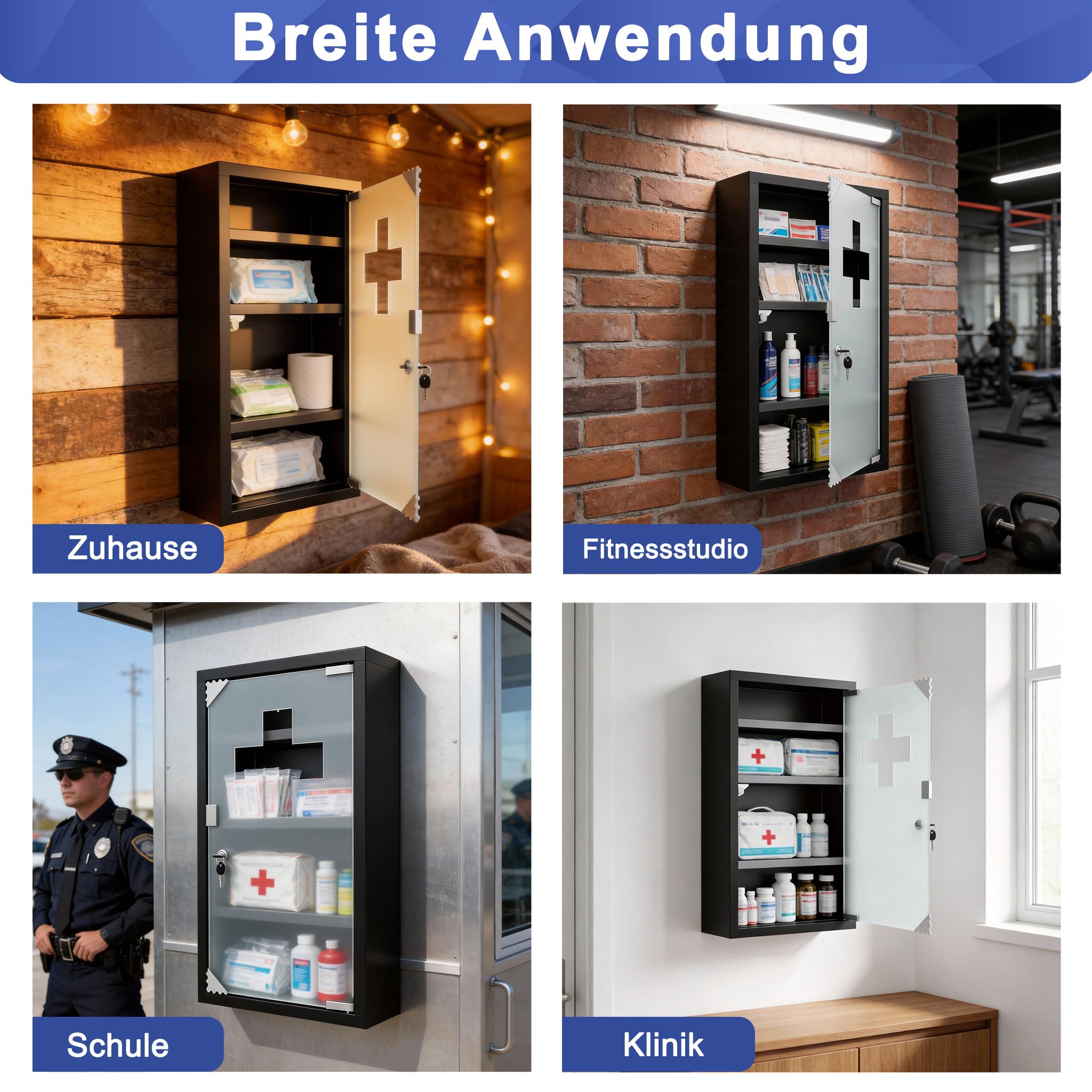 AufuN Armoire à pharmacie en acier inoxydable avec porte en verre, de nombreux compartiments pour la maison (4 compartiments, noir)