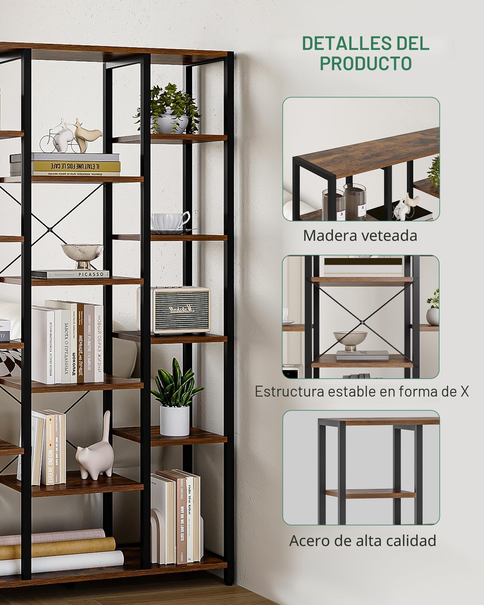 Hzuaneri Librería con 15 Estantes, Estanteria Libros, para Sala de Estar, Estudio, Oficina, 30 x 100 x 170 cm, Marrón Rústico y Negro BC15001B