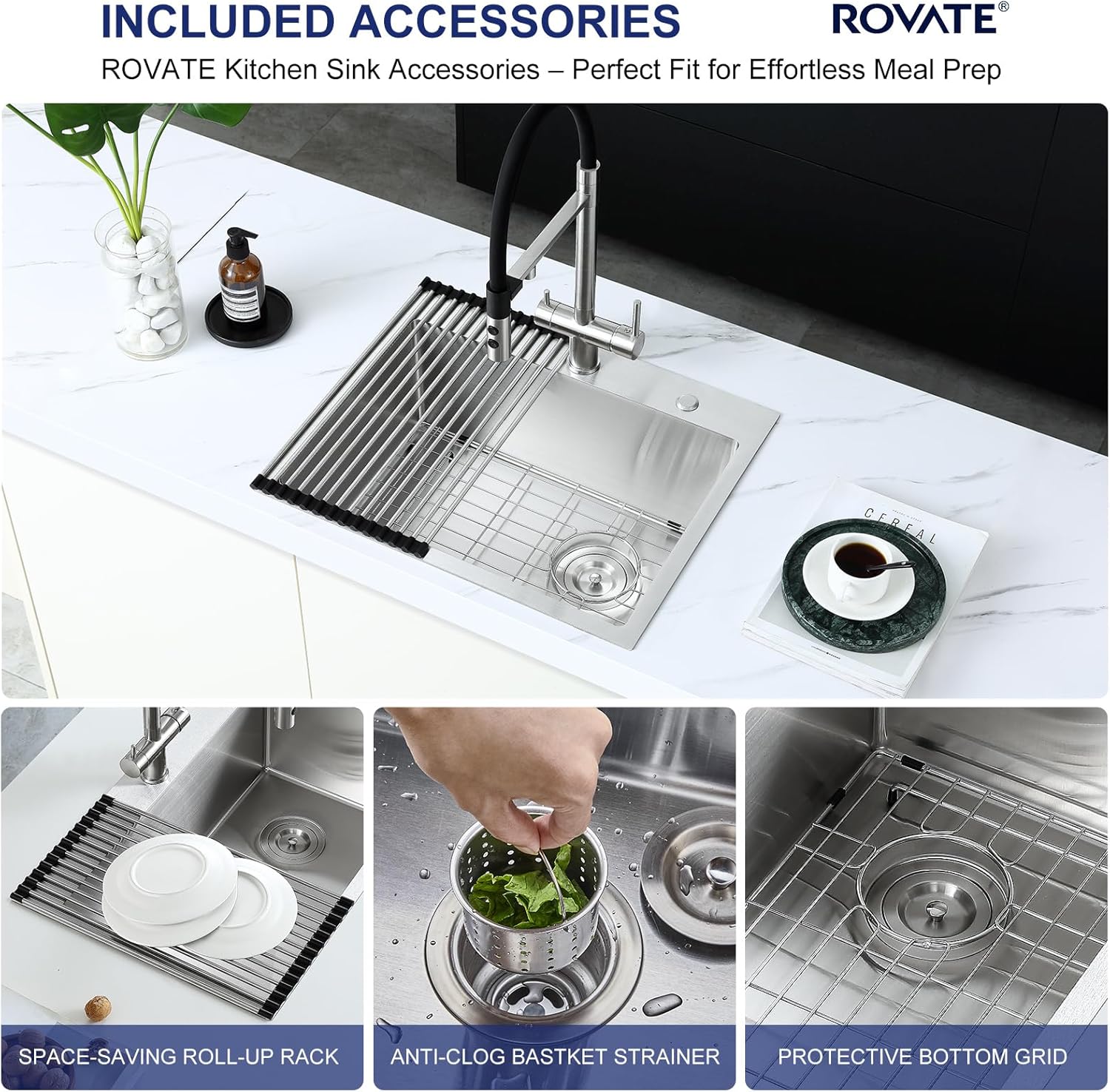 ROVATE 22" x 18" x 9" Drop-in Kitchen Sink, 18 Gauge T304 Stainless Steel Bar Sink with Fine Brushed Finish, X-Shaped Drainage, Soundproof & Anti-Condensation Design, Complete Accessories Included