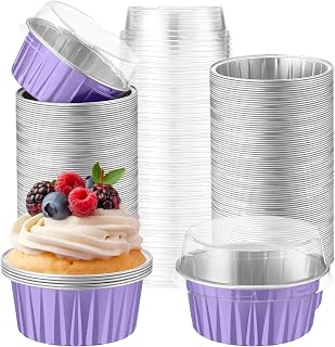 200 Pack Aluminum Cupcake Liners with Lids,Taro Purple,Plain | 5 oz Round Baking Cup, Disposable Ramekin Container, Wedding Halloween Thanksgiving Christmas Fall Party Supplies