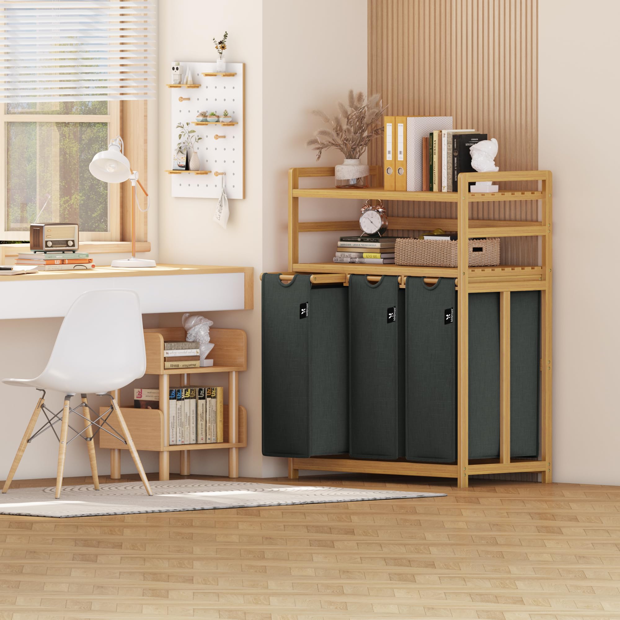 AdelDream Cesta para la Ropa 150L 3 Compartimentos 2 Estantes Bolsa para la Ropa Extensible y Desmontable Cestos para la Ropa con Estructura de Bambú Gran capacidad Gris