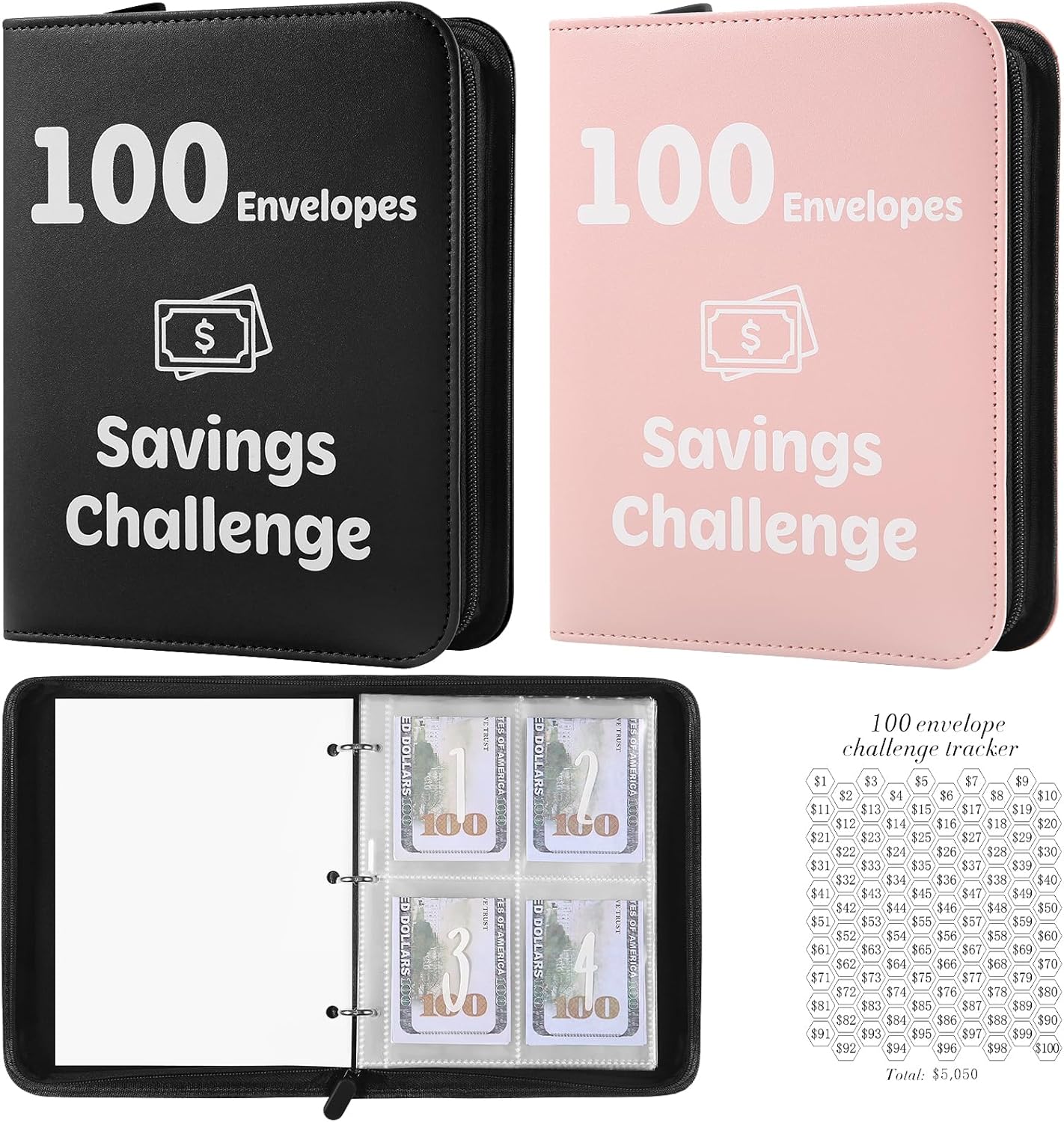 Pemocyny 100 Envelopes Money Saving Challenge Binder with Laminated Tracker, Money Saving Challenge Budget Binder with Cash Envelopes, Savings Challenge Book with Zippe to Save $5,050