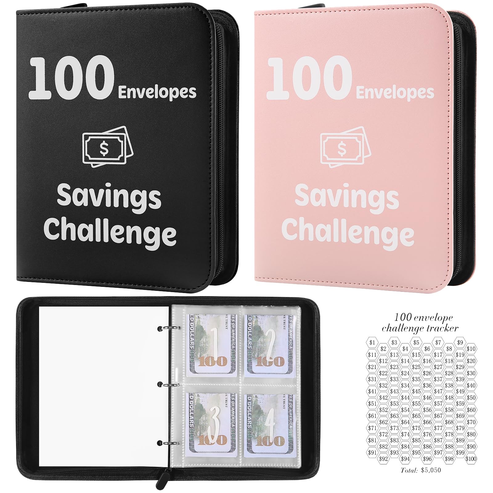 Pemocyny 100 Envelopes Money Saving Challenge Binder with Laminated Tracker, Money Saving Challenge Budget Binder with Cash Envelopes, Savings Challenge Book with Zippe to Save $5,050