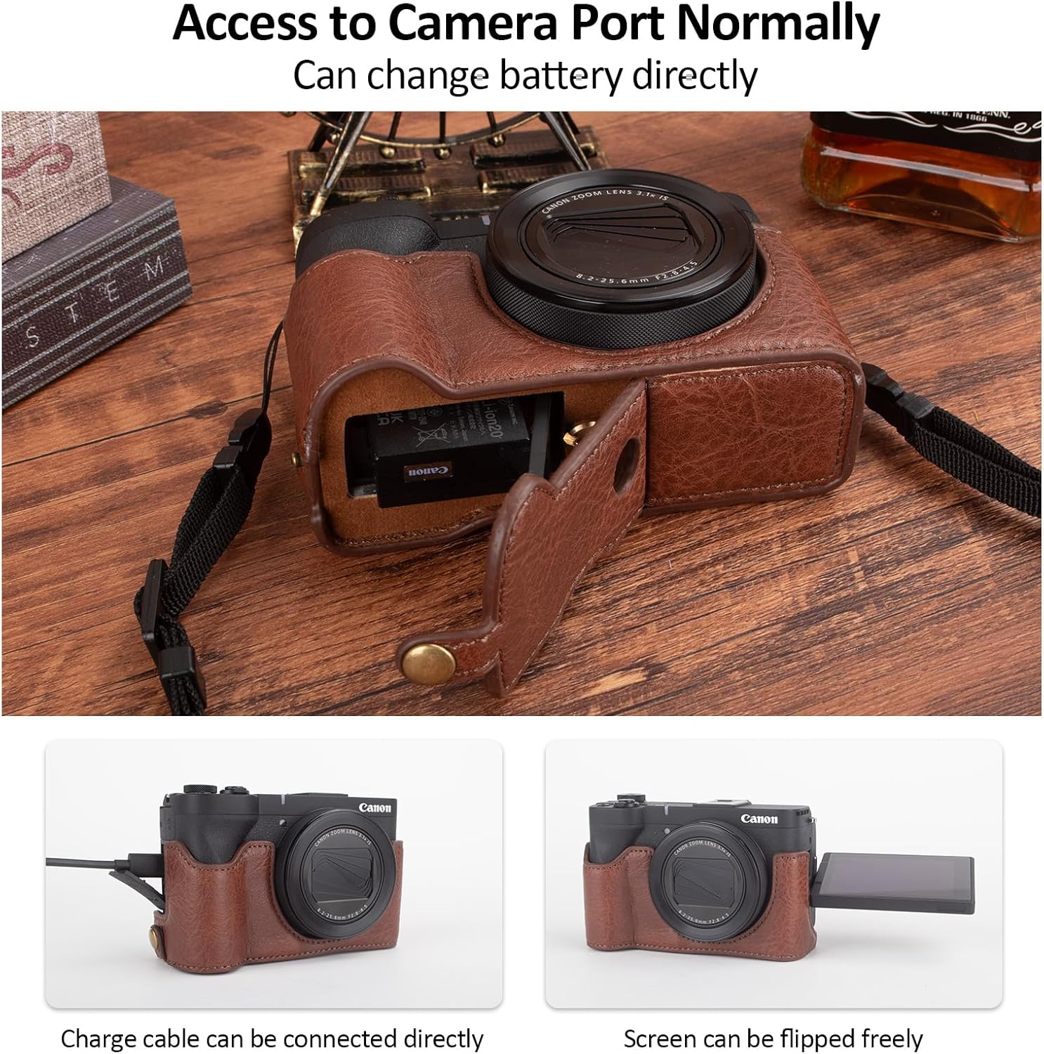 MUZIRI KINOKOO Powershot V1 Case, PU Leather Dermatoglyph Protective Carrying Case for Canon V1 Vlog Camera with Adjustable Shoulder Strap - Coffee