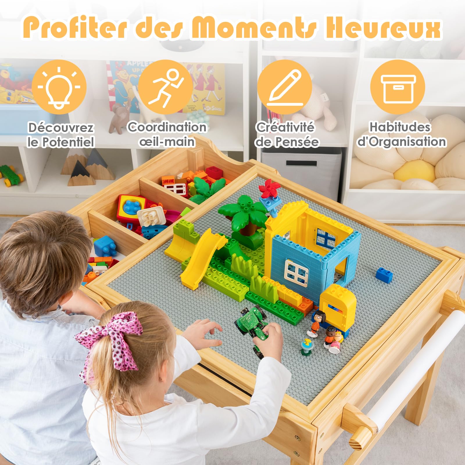 DREAMADE Table de Jeu Multi-Activités en Bois Enfants 80x60x57CM,Table de Construction Réversible Tout-Petits 3+Ans avec Plateau Double Face,Rouleau de Papier,3 Cubes,Papier Dessin (Naturel)