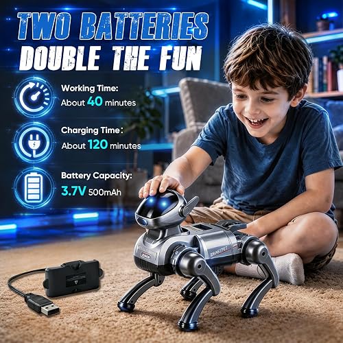 Ovshnrr Robot Chien Enfant Jouet Télécommandé avec 25 Fonctions, Programmable pour Enfant, Yeux LED Dynamiques avec Effet de Brume, 2 Batteries Rechargeables, Idéal Cadeau Éducatif Garçon Fille 3-12 A - 2