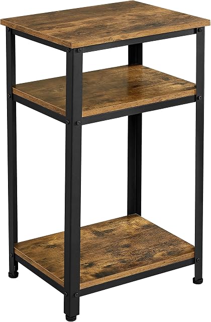Yaheetech Tall Bedside Table/Nightstand with Storage Shelf, Industrial Telephone Table, 3 Tiers End Table Sofa Side Table for Small Spaces/Living Room/Bedroom, Multifunctional, Rustic Brown