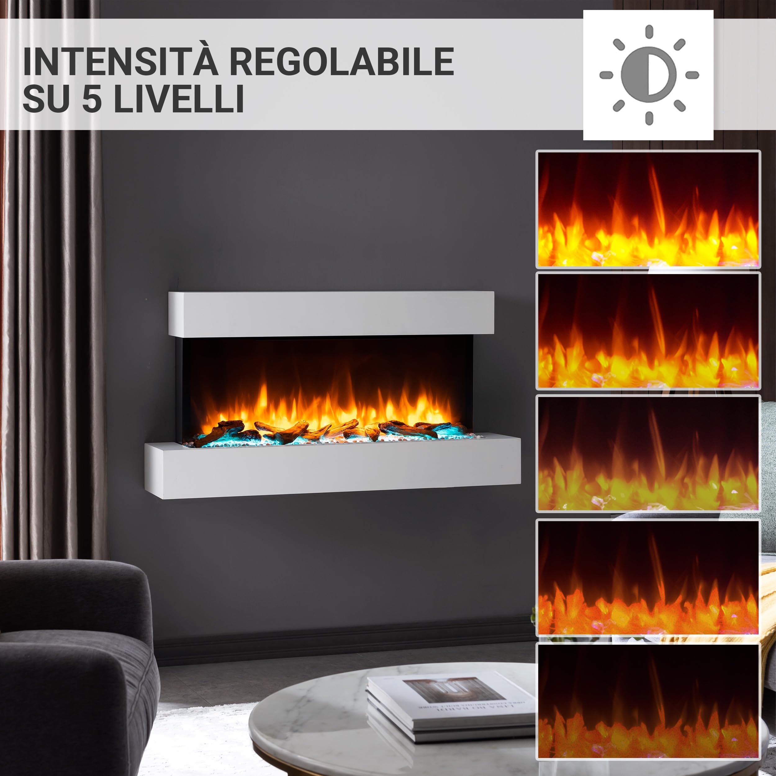 BALDERIA Camino Elettrico da Parete | Caminetto con Effetto Fiamma 3D | Riscaldamento 2000 W | Focolare Sospeso con Telecomando, Timer, Termostato | Bianco