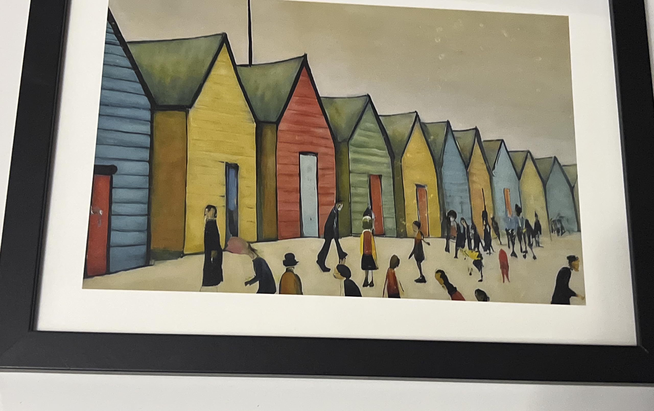 Greetingles Lowry-Style Framed Print. Beautiful Black Ash Frame (Lowry, LS Brighton Beach Huts), 34L x 24W cm - Image 4