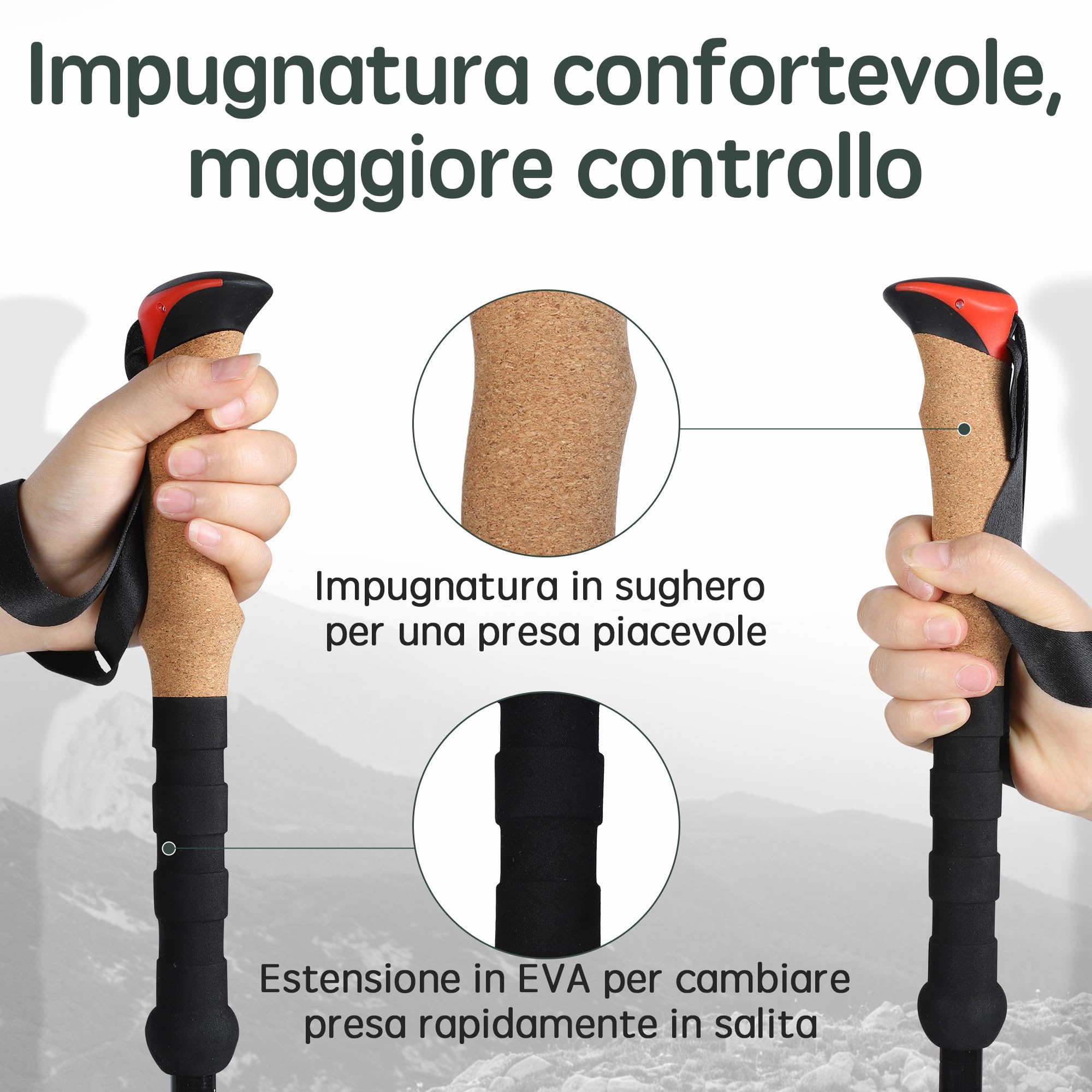 Bastoncini trekking telescopici 2 pezzi, 200 g ciascuno, 62–135 cm, carbonio, impugnatura in sughero + EVA, chiusura in alluminio, per trekking e nordic walking