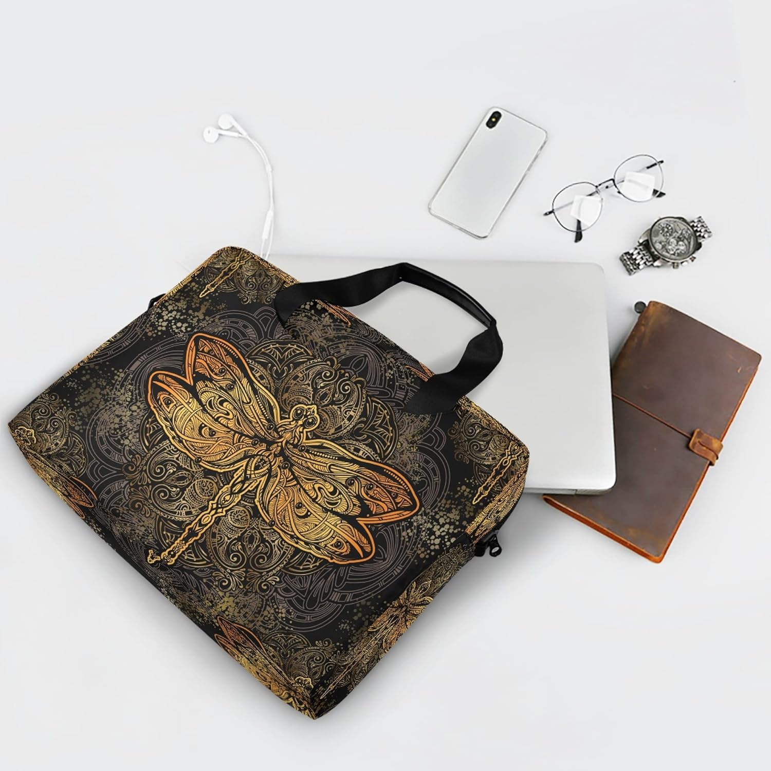 ALAZA Gold Dragonfly Mandala Laptop Case Bag Sleeve Portable Crossbody Messenger Briefcase w/Strap Handle, 13 14 15.6 inch
