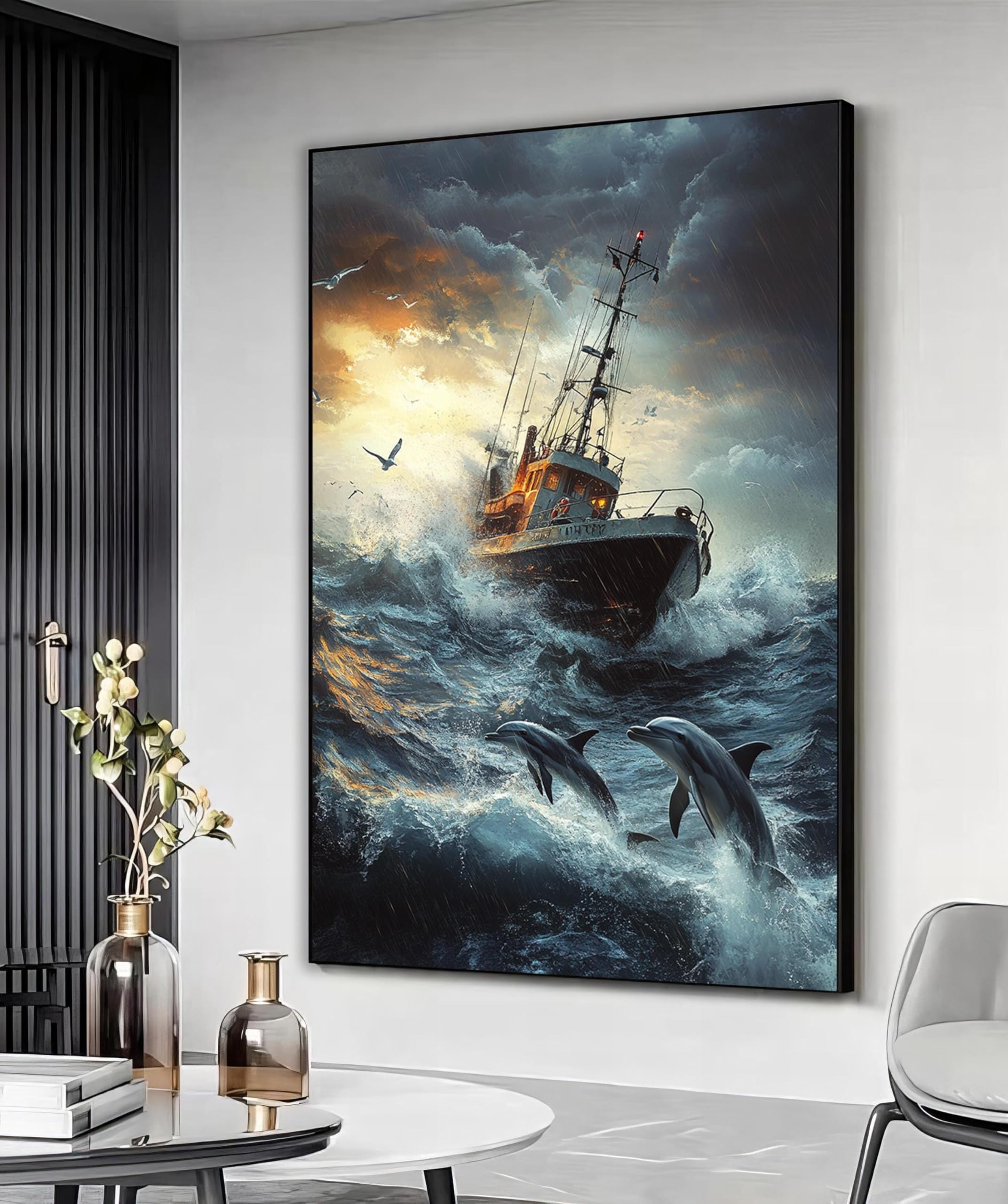 XBTYKPB Fishing Boat Canvas Print, Stormy Sea Dolphins Art Print, Ship Digital Print, Ship Wall Art, Ship Painting Illustration(21x30cm/Inner Frame)