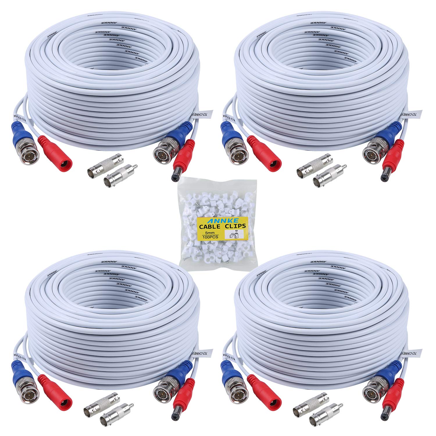 ANNKE 30m/100ft Câble de Video DC Power HD/AHD/TVI Préfabriqué Tout-en-Un BNC Vidéo 4pcs pour CCTV Caméra DVR Système de Sécurité Surveillance Enregistreur,Blanc