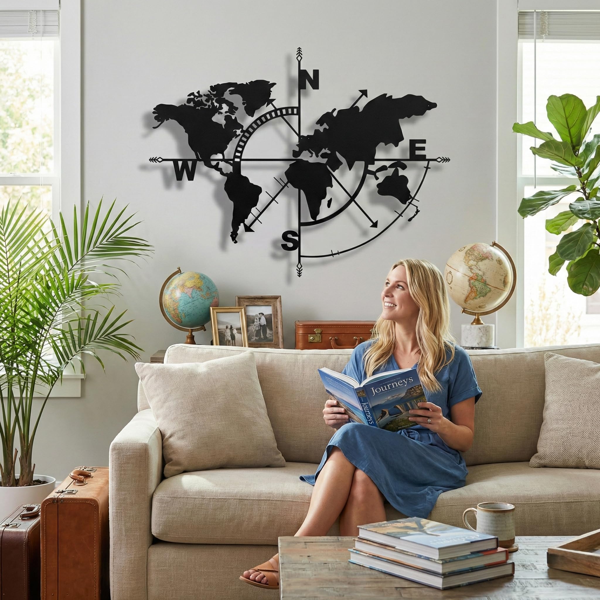 DEKADRON Wanddekoration aus Metall, Weltkarte, Wanddekoration, Home-Office-Wandschild (Schwarz, 98 x 75 cm)