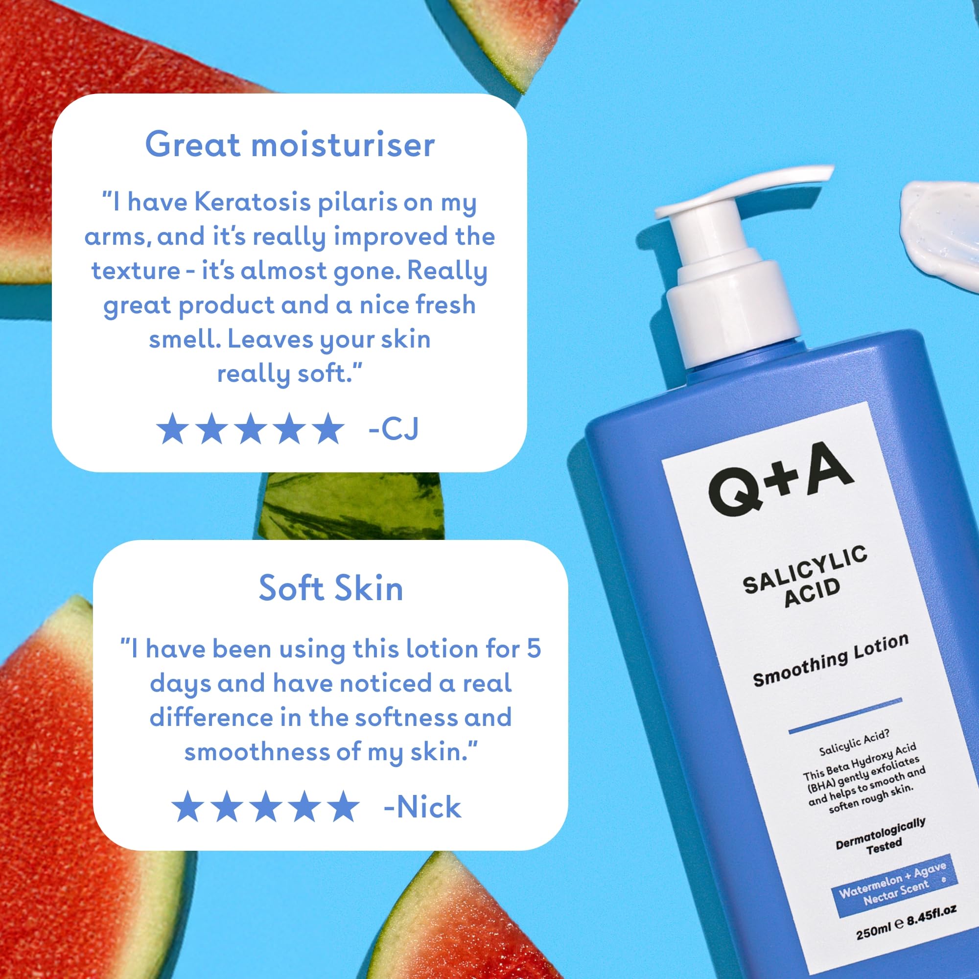 Lozione Levigante all'Acido Salicilico Q+A per la Cura Mirata del Corpo, un BHA che esfolia la pelle, contrasta il 'backne' e la texture indesiderata, favorisce una pelle più liscia e sana, 250ml