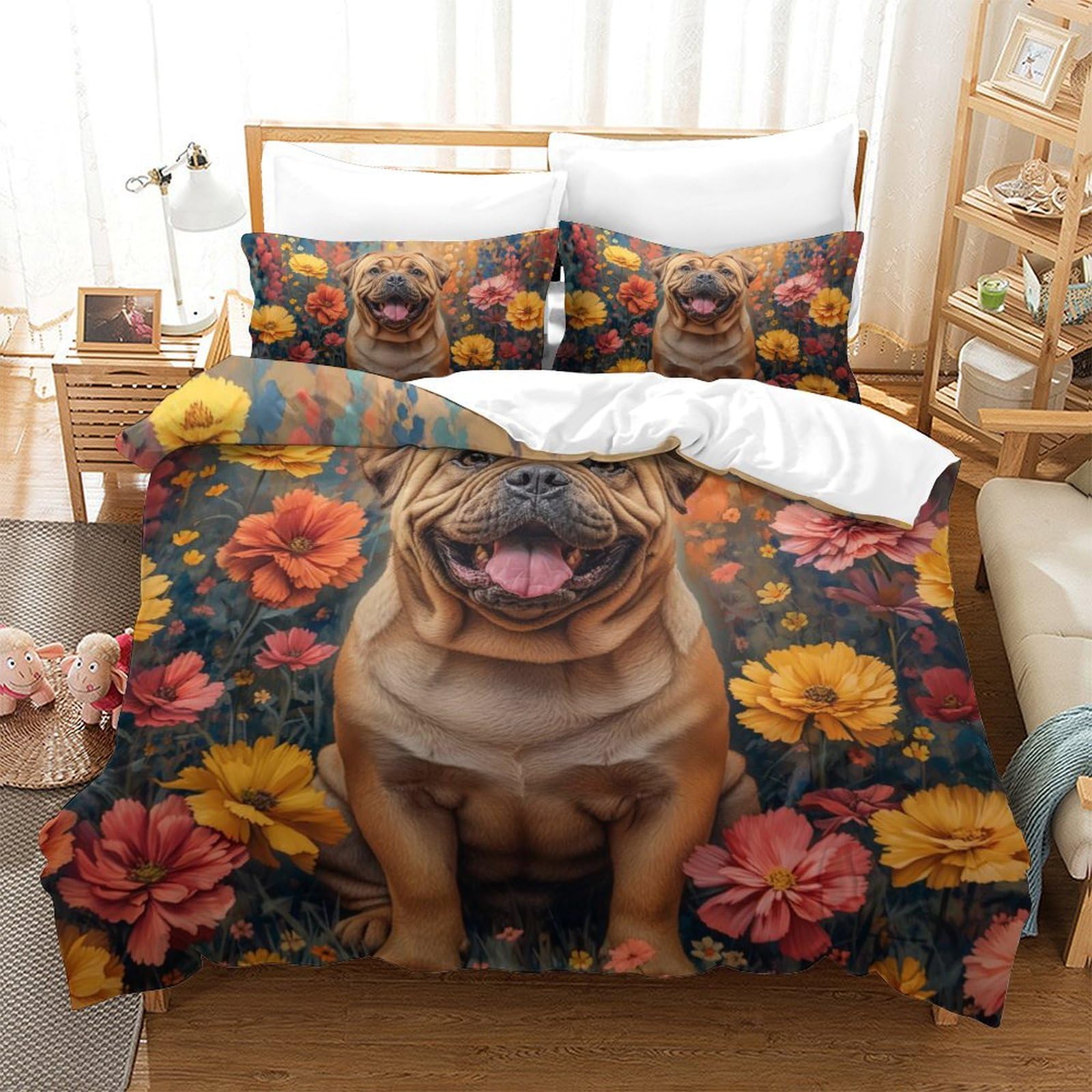 Parure de lit Bouledogue Français 3 pièces en microfibre 200x200 cm avec taies