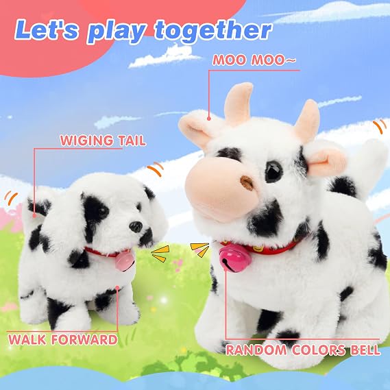 Hopearl Walking Cow Interactive Electronic Pet Plush Diary Cattle Toy with Sounds and Movements MOO Nodding Head Wag Tail Animated Gift for Toddlers Birthday, Black, 7''
