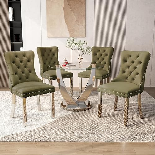 Miniatura 38 de Juego de mesa de comedor redonda de vidrio de 38.9 pulgadas para 4, mesa de comedor redonda con 4 sillas de cocina tapizadas de terciopelo, juego