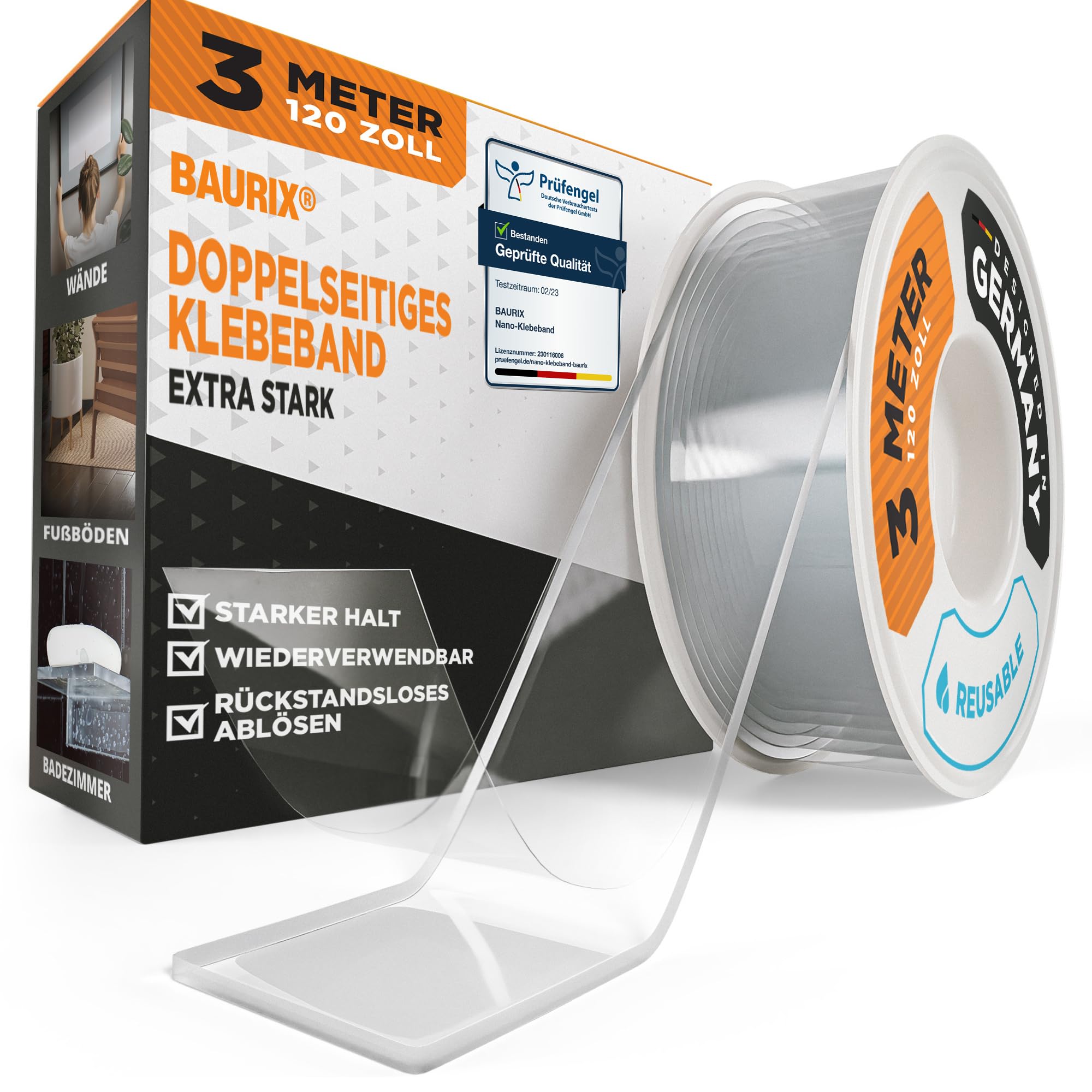 BAURIX® Nano Tape Doppelseitig [3m] – Starkes Klebeband für Wand, Teppich & Deko – transparent, waschbar, wiederverwendbar – ideal für DIY und professionelle Anwendungen