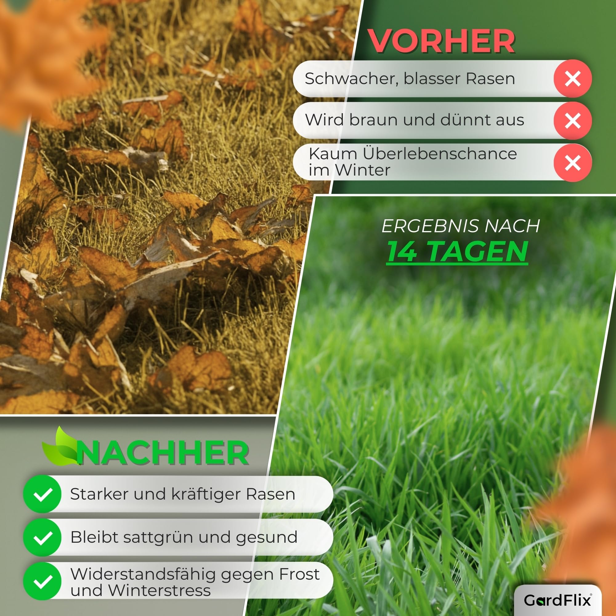 Herbstdünger Rasen Langzeitwirkung (10kg Sack für 500m²) | Rasendünger Herbst verdrängt Moos | Frostschutz & Winterfester Rasen | Staubarmer Granulat für Streuwagen | Sicher für Kind & Tier