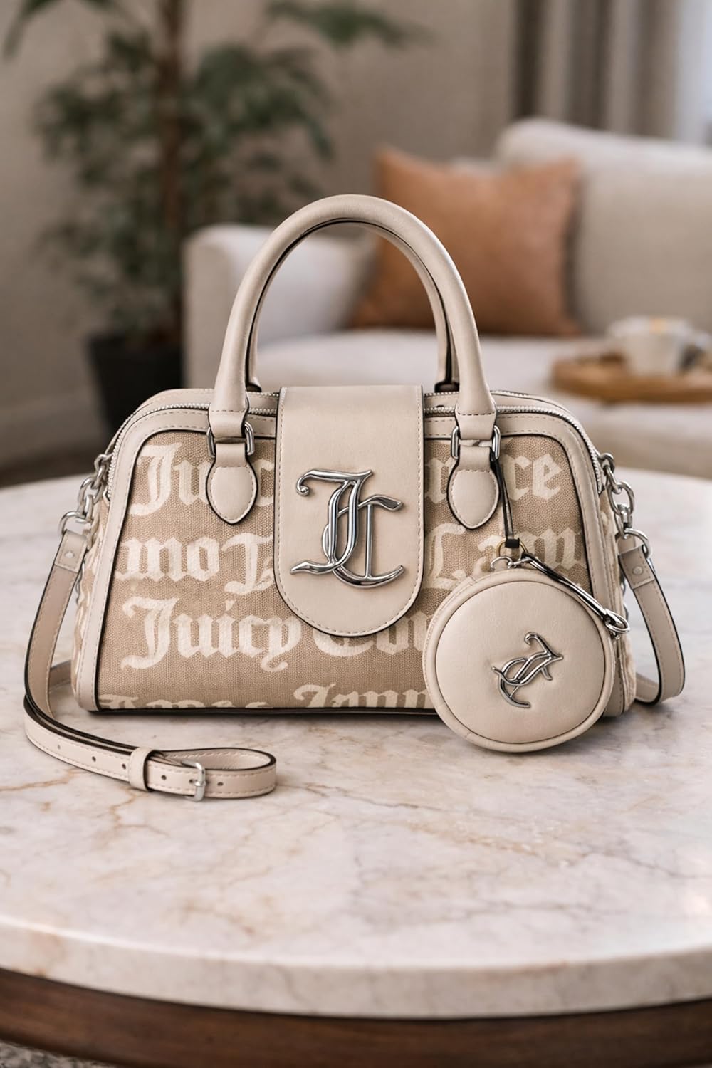 Juicy Couture Overstated Crossbody Satchel Handbag with Logo Jacquard & Detachable Coin Pouch