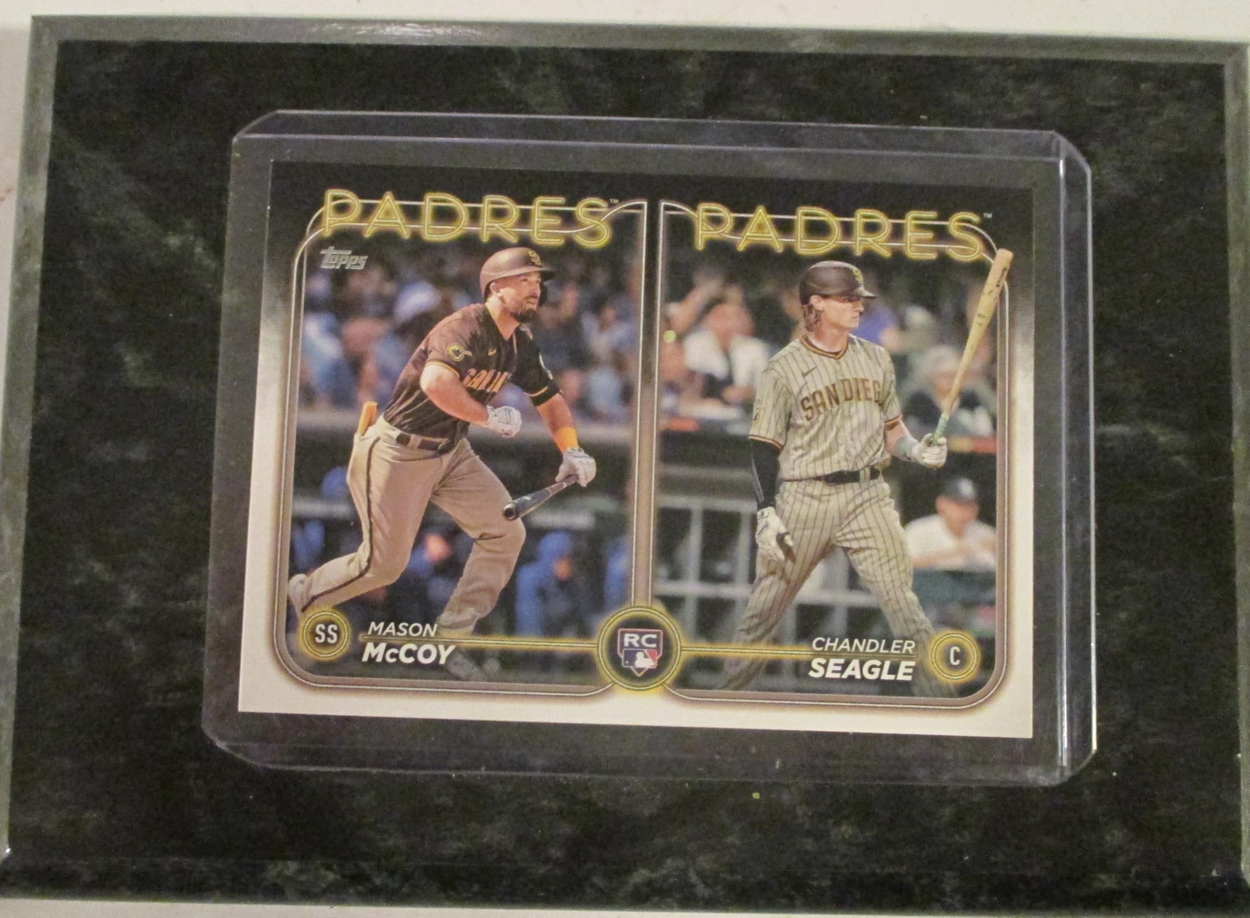 HandmadeMASON McCOY & CHANDLER SEAGLE ROOKIE COMBOS 2024 BASEBALL UPDATE SERIES COLLECTIBLE PLAYER CARD MOUNTED ON A 4" X 6" BLACK MARBLE PLAQUE