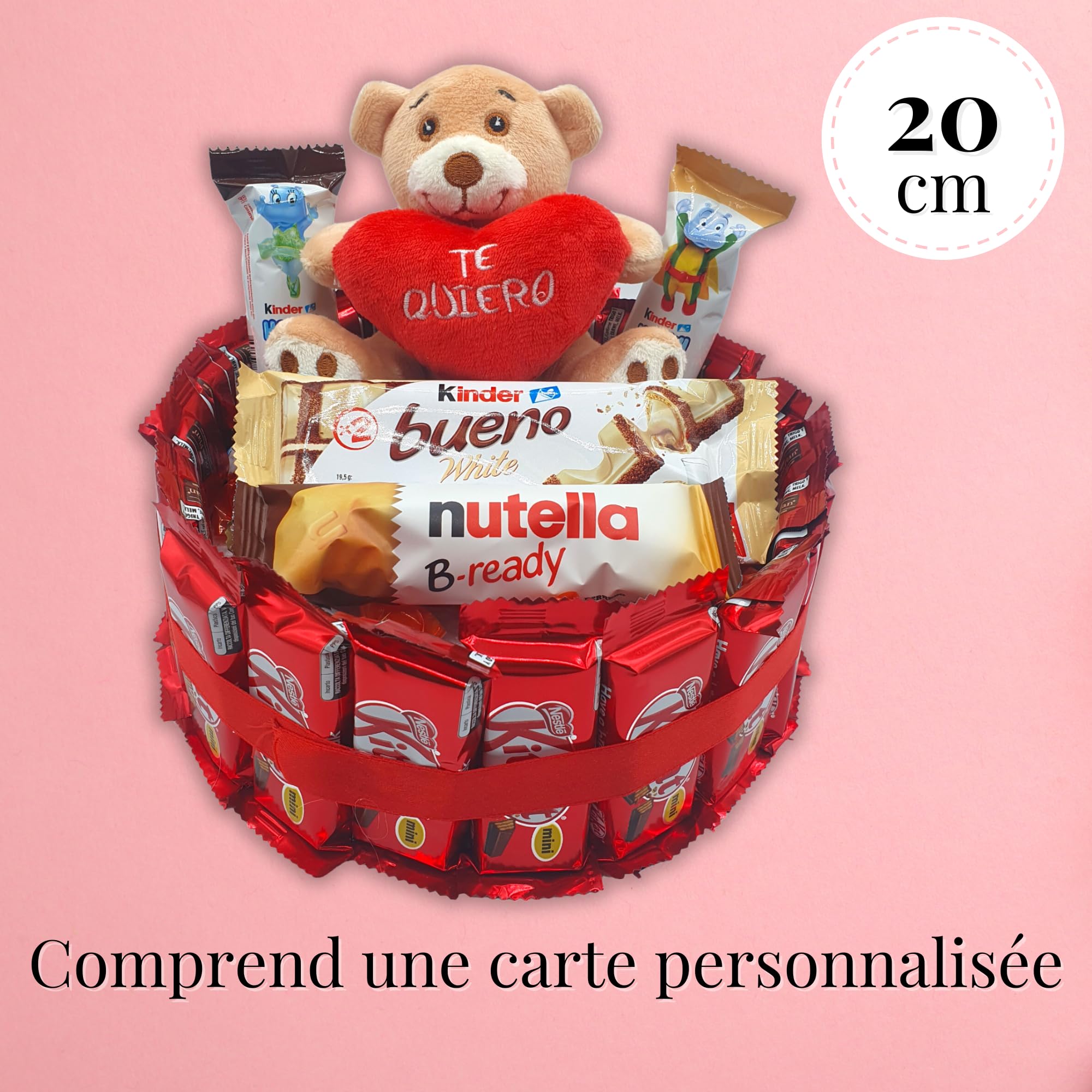 Tarte au chocolat Kit Kat + Ours LOVE - Cadeau pour la Saint-Valentin. Kinder Bueno, Kinder Chocolate, Happy Hippo - Tarte de 20 cm [IAMI]