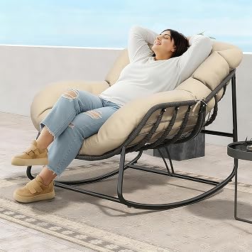 Fancyango Oversized Egg Rocking Chair for Indoor/Outdoor All-Weather Wicker Rattan Lounge Chair with Cushion, Patio Rocker for Porch, Garden, or Balcony Beige, 37Dx37.4Wx31.5H
