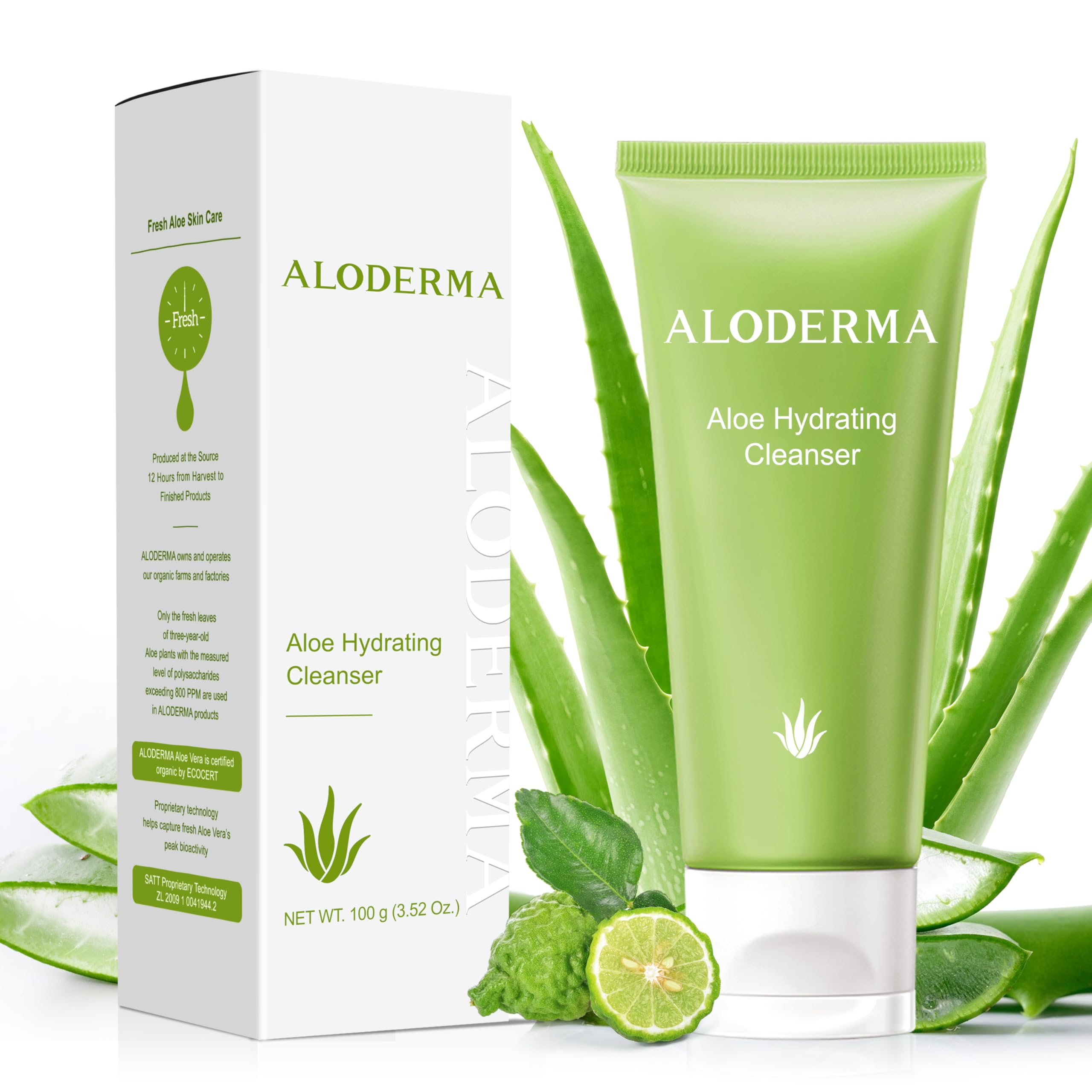 Aloderma Hydrating Facial Cleanser with Organic Aloe Vera - Daily Moisturizing Aloe Face Wash with Shea Butter, Vitamin E - Nourishing Face Cleanser for Normal, Dry Skin, Non-Comedogenic, 100g/3.5oz