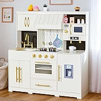 infunsame Wooden Kids Kitchen Playset with Realistic Lights, Sounds & Ice Maker - Toddler Play Kitchen Toy Ages 3+ (White)
