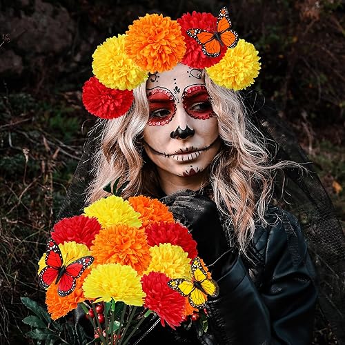 Miniatura 10 de 92 piezas de decoración de Día de los Muertos, 80 flores artificiales de caléndula con 12 mariposas monarca falsas y caléndulas naranjas para