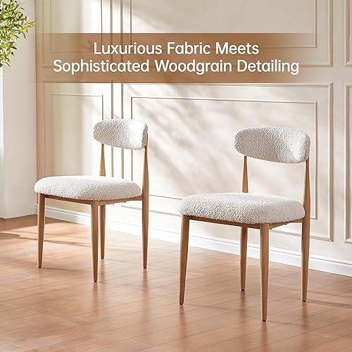Miniatura 3 de Morden Fort Juego de 2 sillas de comedor tapizadas modernas, sillas de comedor blancas Boucle con patas de grano de madera y marco de metal para