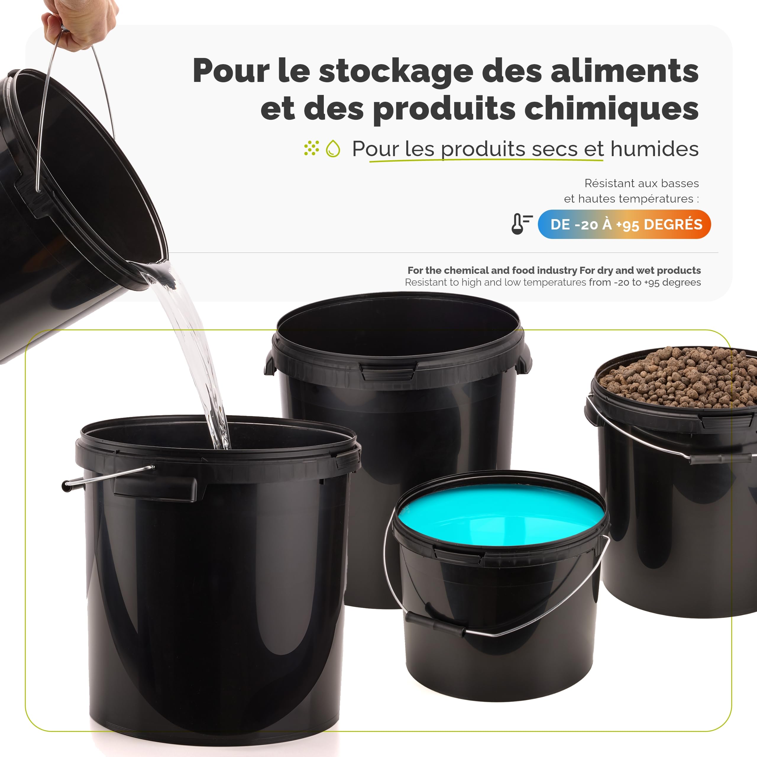Garronda Seau avec Couvercle 20 L pour Le Stockage de Produits Alimentaires et Chimiques 5 Pièces Noir GD-0104