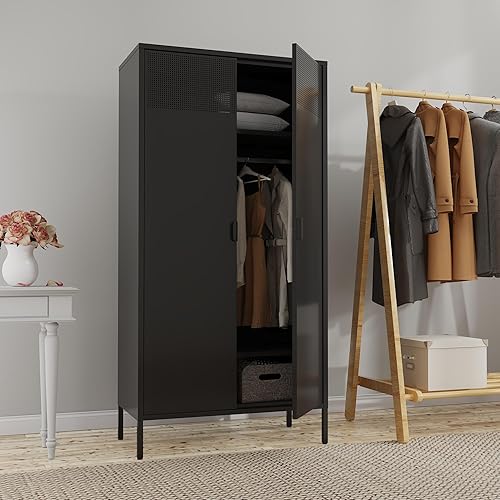 Miniatura 3 de Armarios de Almacenamiento de Metal Casillero con Barra para Colgar y Estantes Ajustables, Armario de Almacenamiento de Acero para Ropa de 71'' para