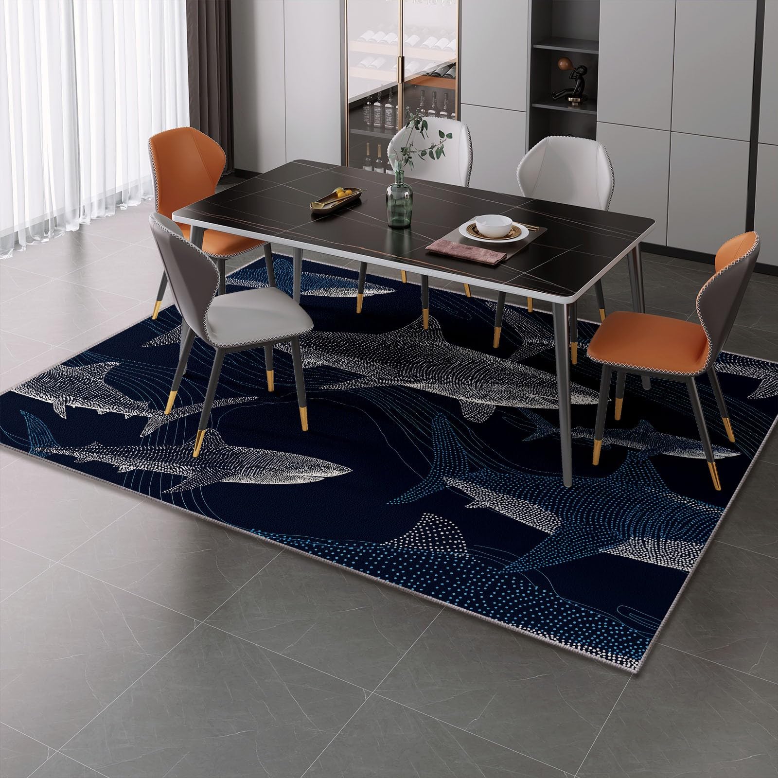 Generisch Dunkelblau Teppich Wohnzimmer 160 x 230 cm, Waschbare Teppiche Minimalismus Digitale Kunst Fische Design Teppich mit Rutschfester Rückseite für Eingang, Flur und Korridor, Büro