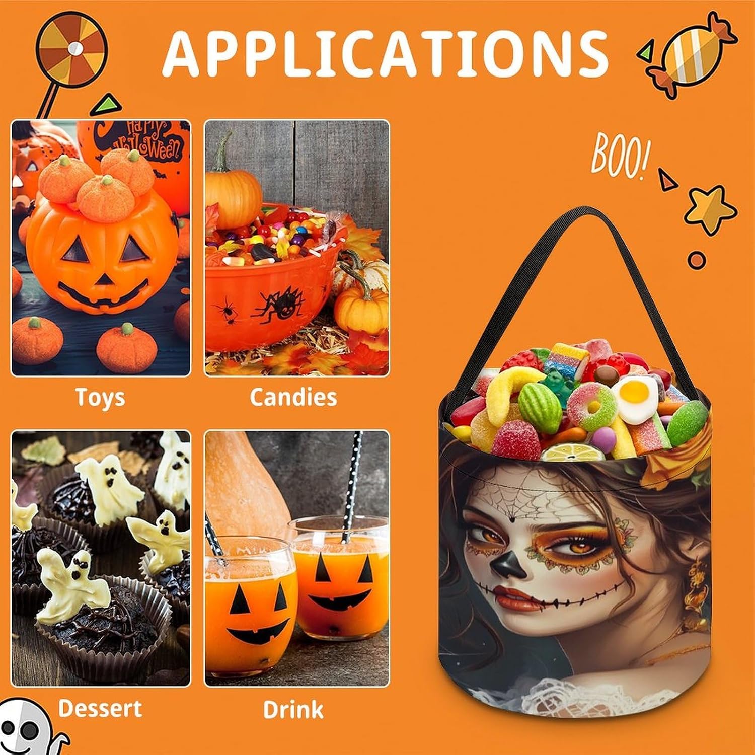 Mexican Day of The Dead Floral Skull Halloween Treat Bag Reusable Candy Basket Tote Goody Bags Gift Party