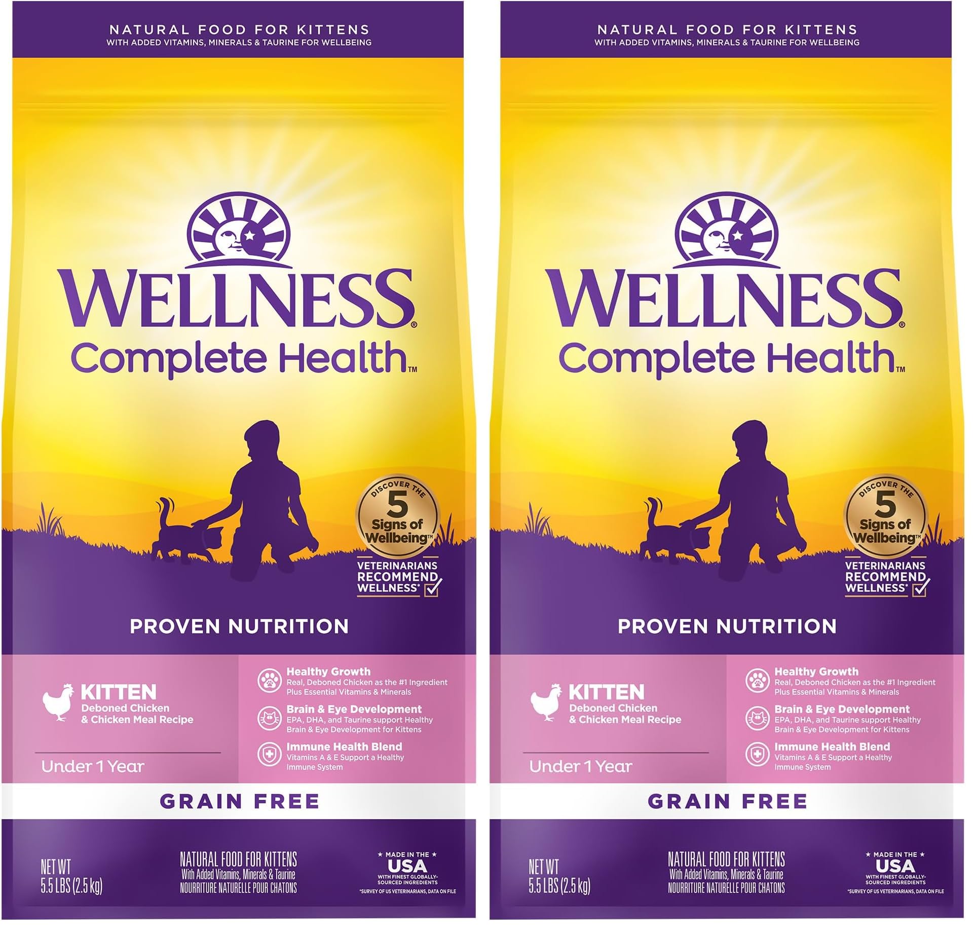 Wellness Natural Pet Food Complete Health Natural Grain Free Deboned Chicken &amp; Chicken Meal Dry Kitten Food, 5.5 Pound Bag (Pack of 2)