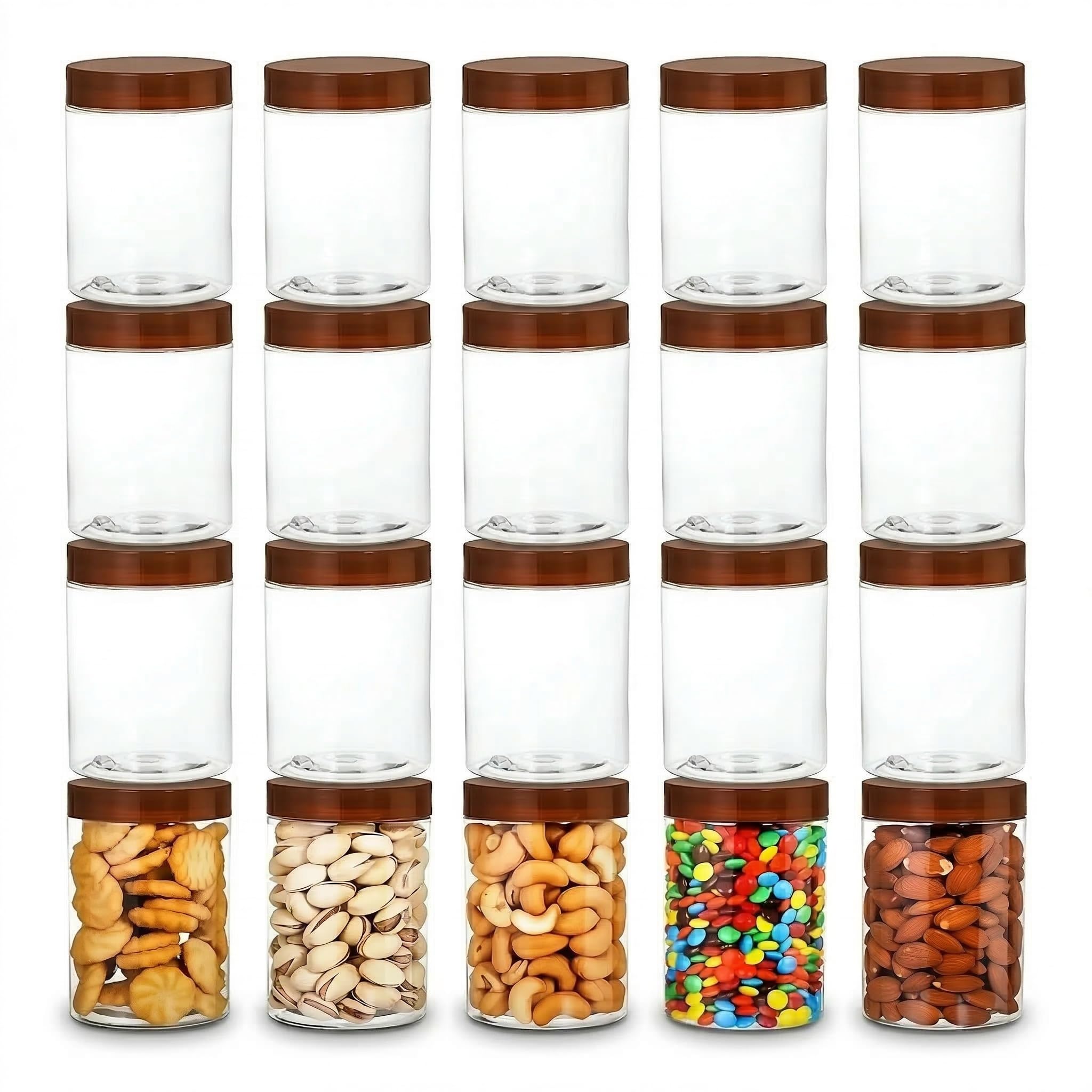 Fasmov Lot de 12 bocaux vides en plastique transparent avec couvercles à visser, parfaits pour la cuisine et le rangement de la maison, marron 350 ml