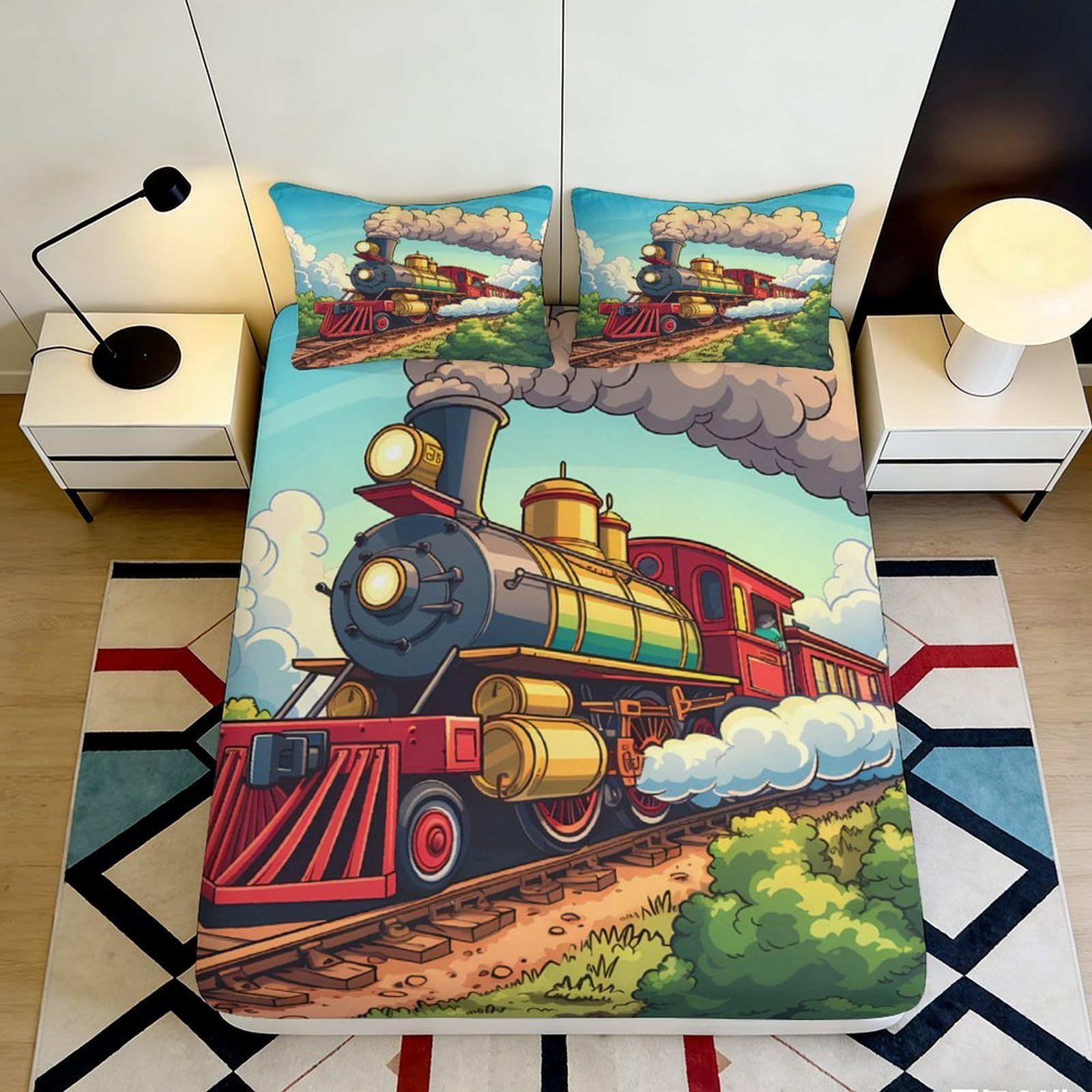 3D Printed Steam Train Fitted Sheet Microfiber Deep Pocket Bedroom Bedding Steam Train Mattress Fitted Cover Full Wrap Washable 200x200x25cm