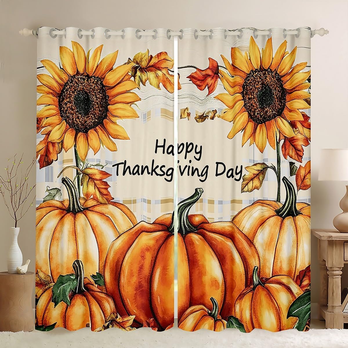 Autumn Pumpinks Curtains,Kids Adults Teens Room Decor Thanksgiving Day Harvest Fruits Boys Girls Window Treatment Curtain,Rustic Sunflowers Leaves Window Drapes,Top 2 Panel,38Wx45L