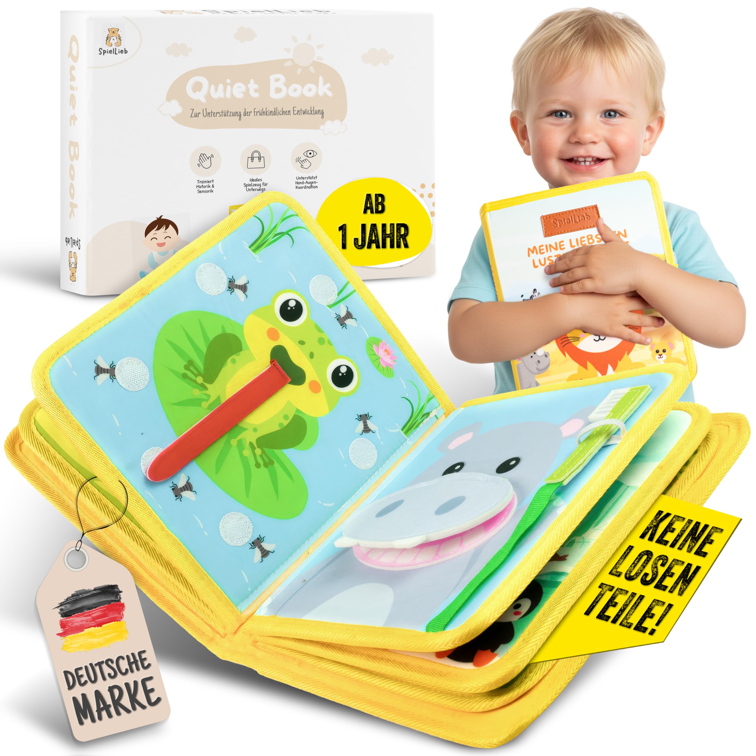 SpielLieb® Montessori Quiet Book ab 1 Jahr - interaktives Busy Board ab 1 Jahr mit Tieren - Quiet Book & Motorikspielzeug, ideale Beschäftigung für Autofahrten - Geschenk Junge & Mädchen (Gelb)