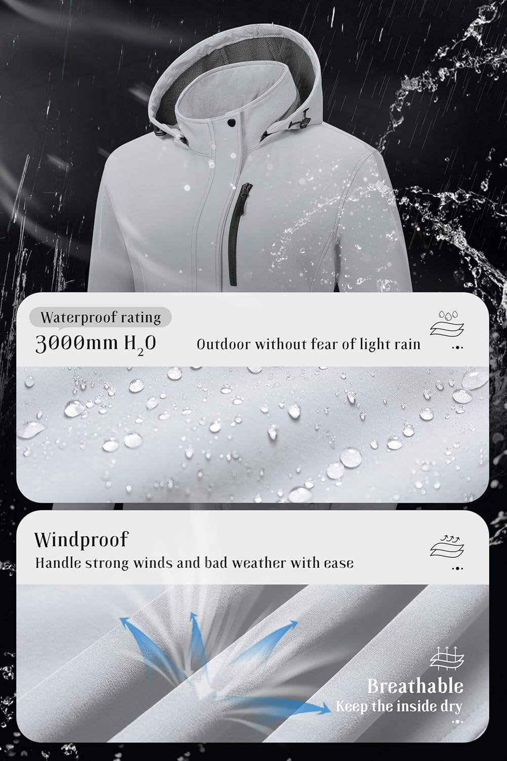 Pursky Women's Softshell Jacket Lightweight Fleece Lined Rain Jacket Waterproof Warm Windbreaker Coat With Removable Hood