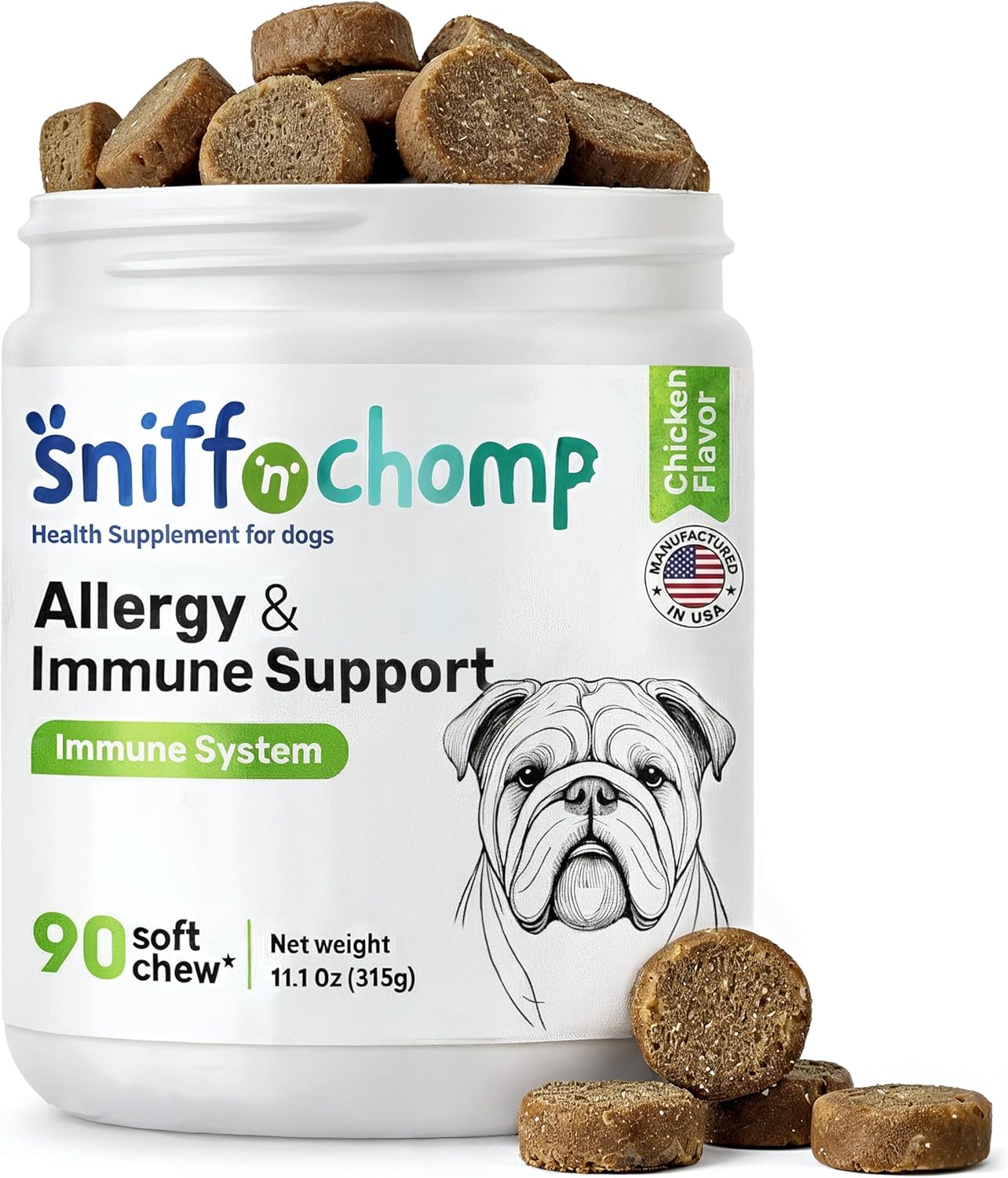 SNIFF N CHOMP Dog Allergy Chews, Chicken Flavor, Probiotics for Dogs with Quercetin Omega 3 Zinc, Seasonal Allergy Relief, Immune Support Soft Chews, Probióticos para Perros | 90 Soft Chews